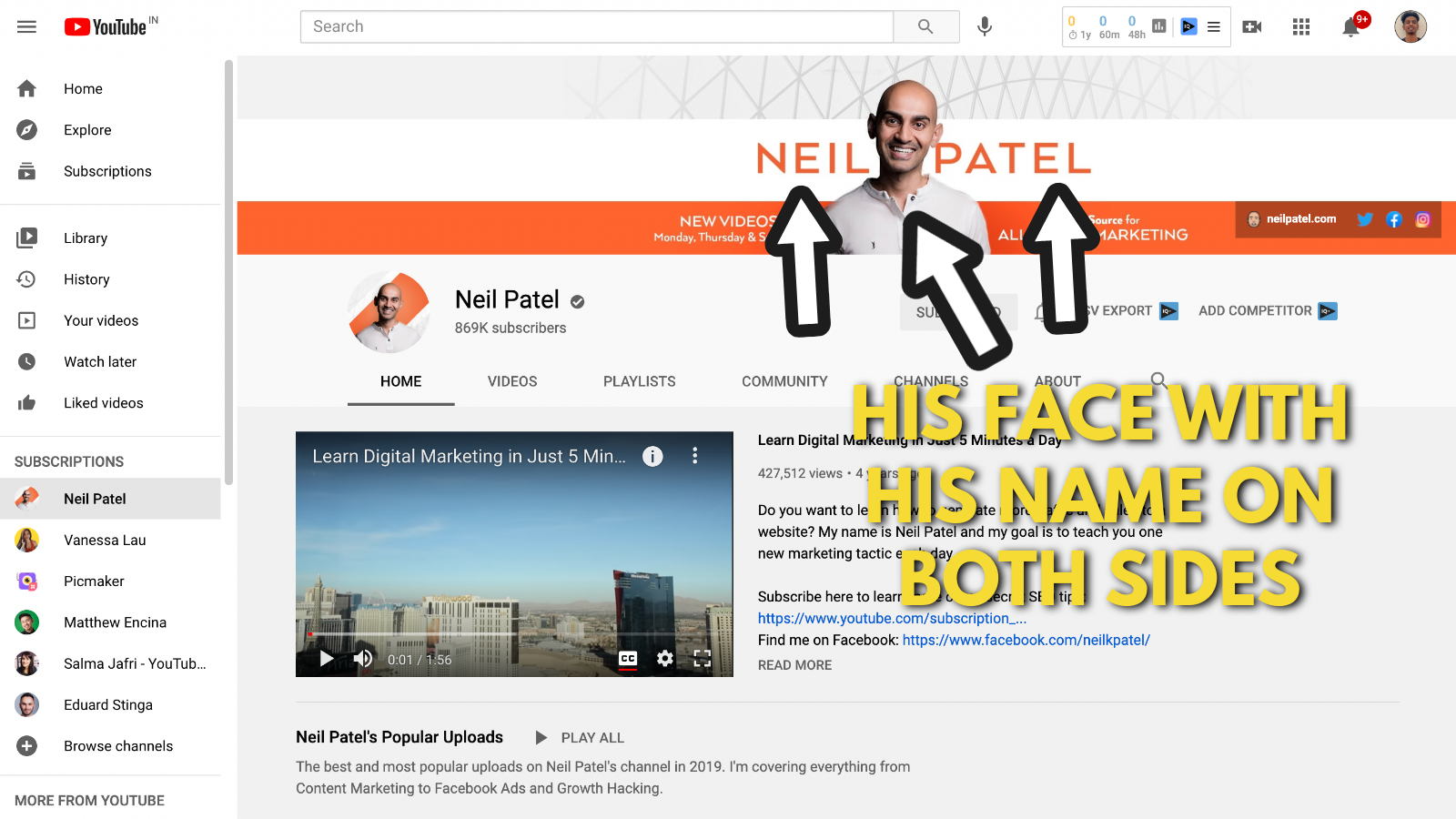 Neil Patel's Youtube banner example 