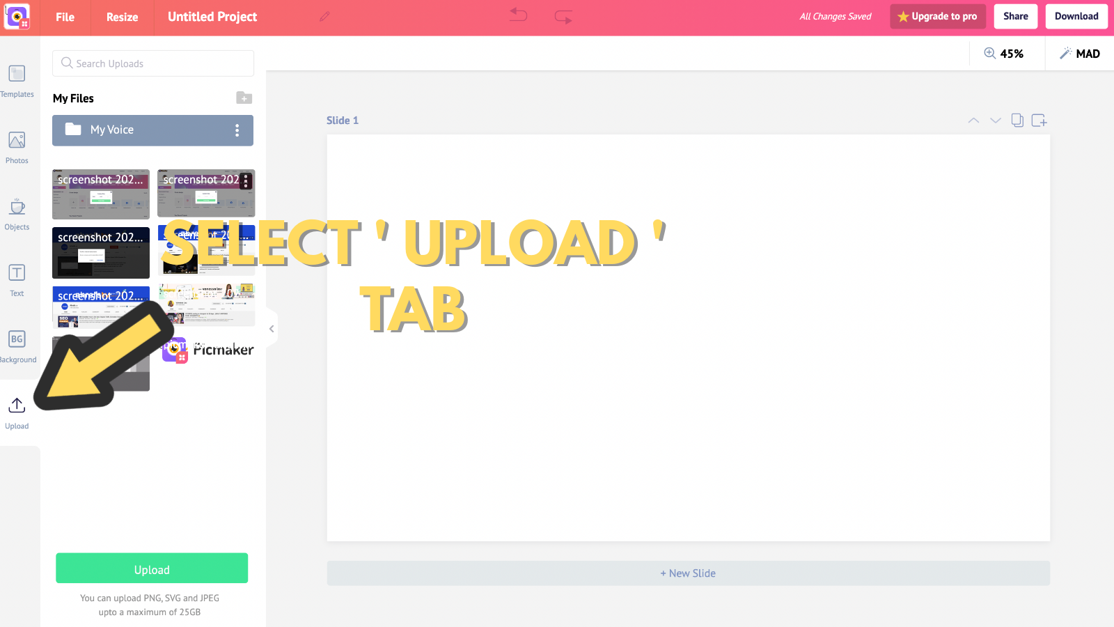 A screenshot that asks to select upload tab