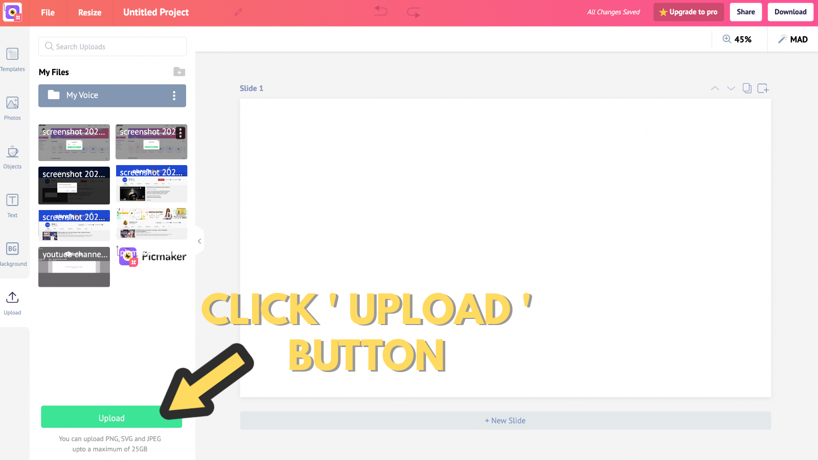Screenshot that asks to click upload button 