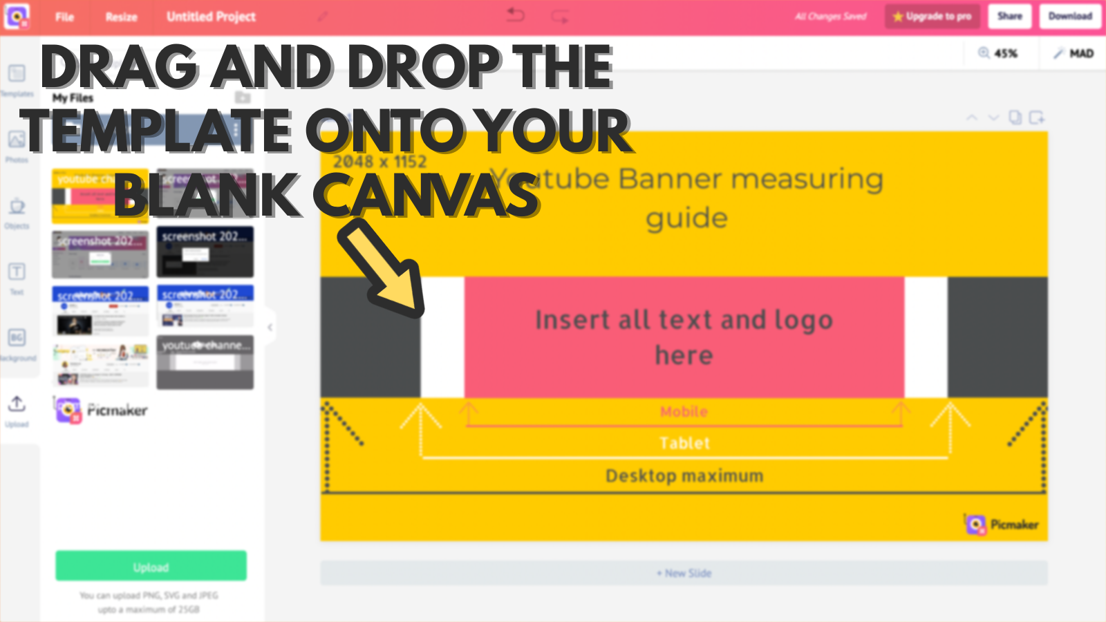Screenshot that asks to drag and drop template onto the blank canvas (to make YouTube banner)