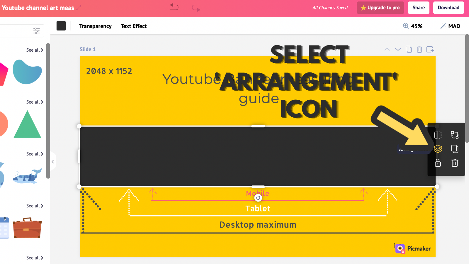Screenshot that asks you to select arrangement icon (to make YouTube banner)