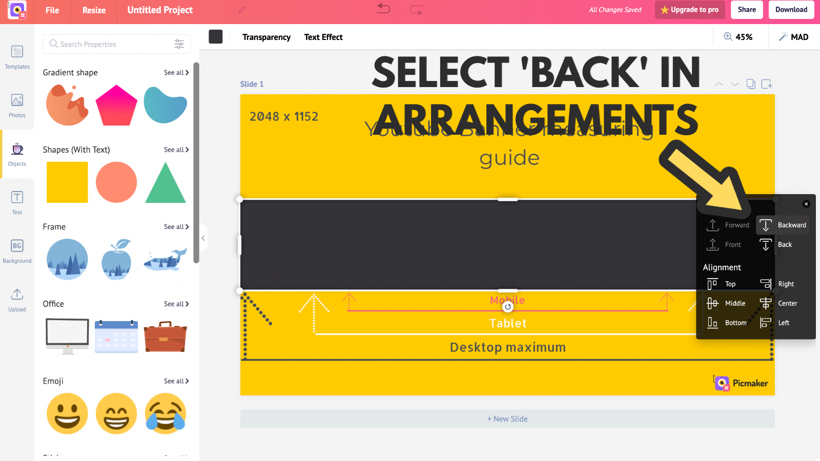 Screenshot that asks to select back in arrangement tab (to make YouTube banner)