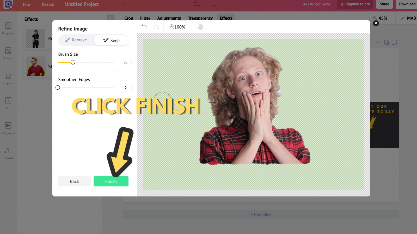 Screenshot that prompts you to click the Finish button (to make 2048 x 1152 YouTube banner)