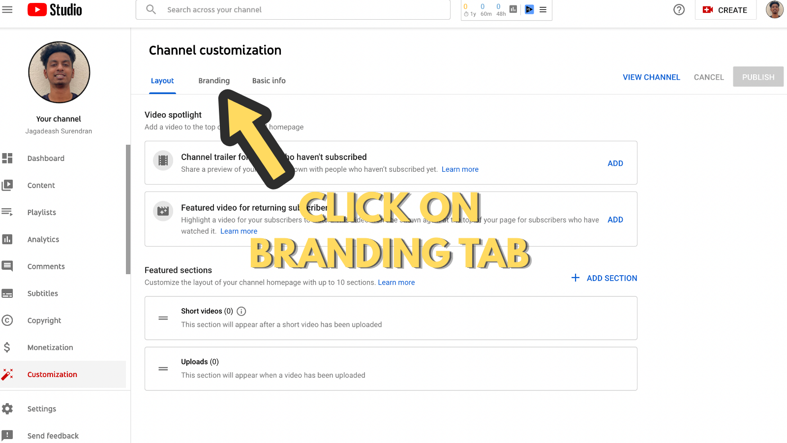Screenshot that asks to click on Branding Tab 