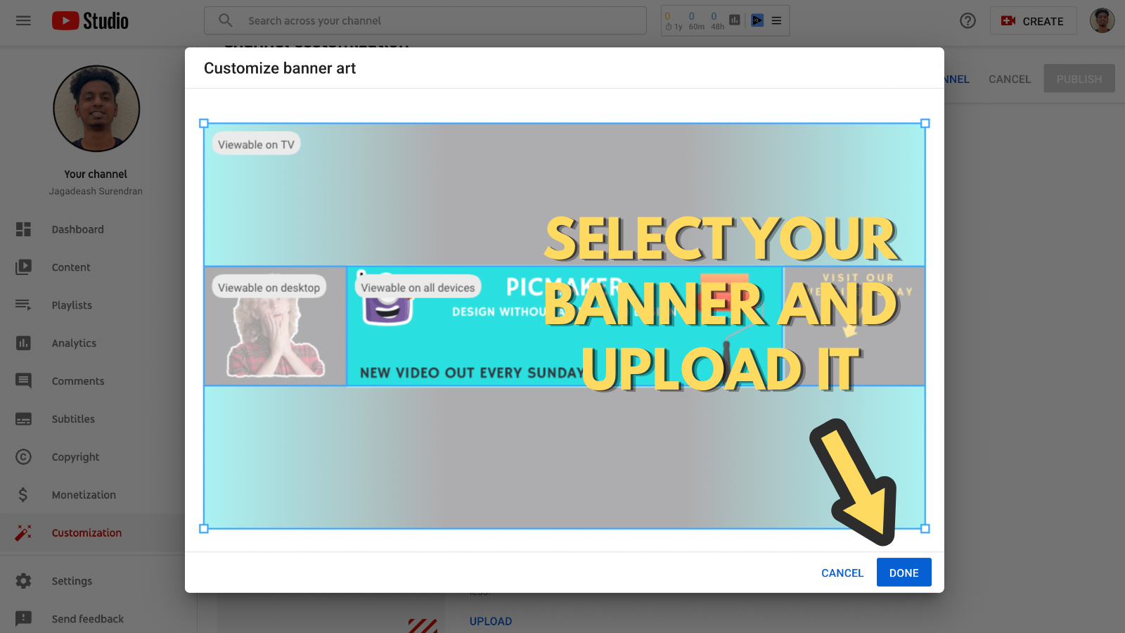 Screenshot that shows you have uploaded your banner onto youtube