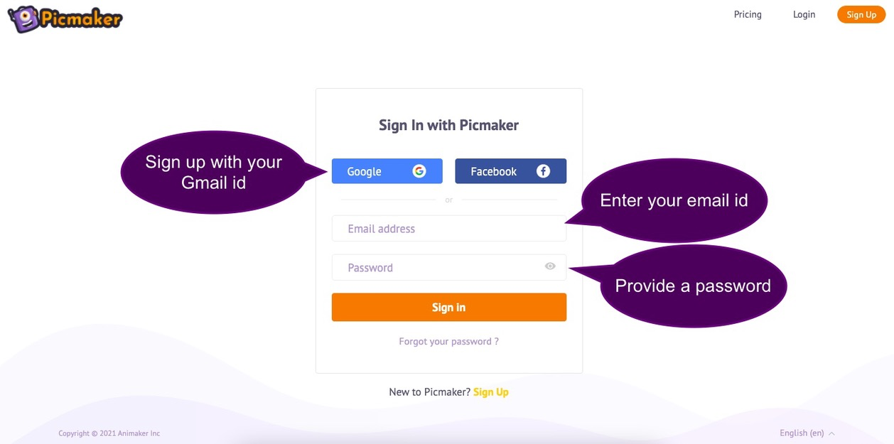 Sign up on Picmaker at https://accounts.animaker.com/login/picmaker/