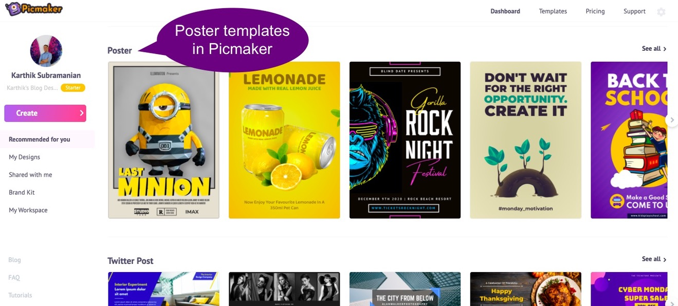 Picmaker's poster templates at a glance on the dashboard