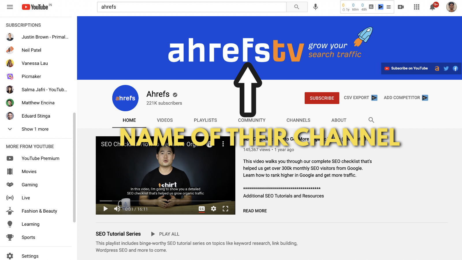 Screenshot of Ahrefs's youtube channel art example 2