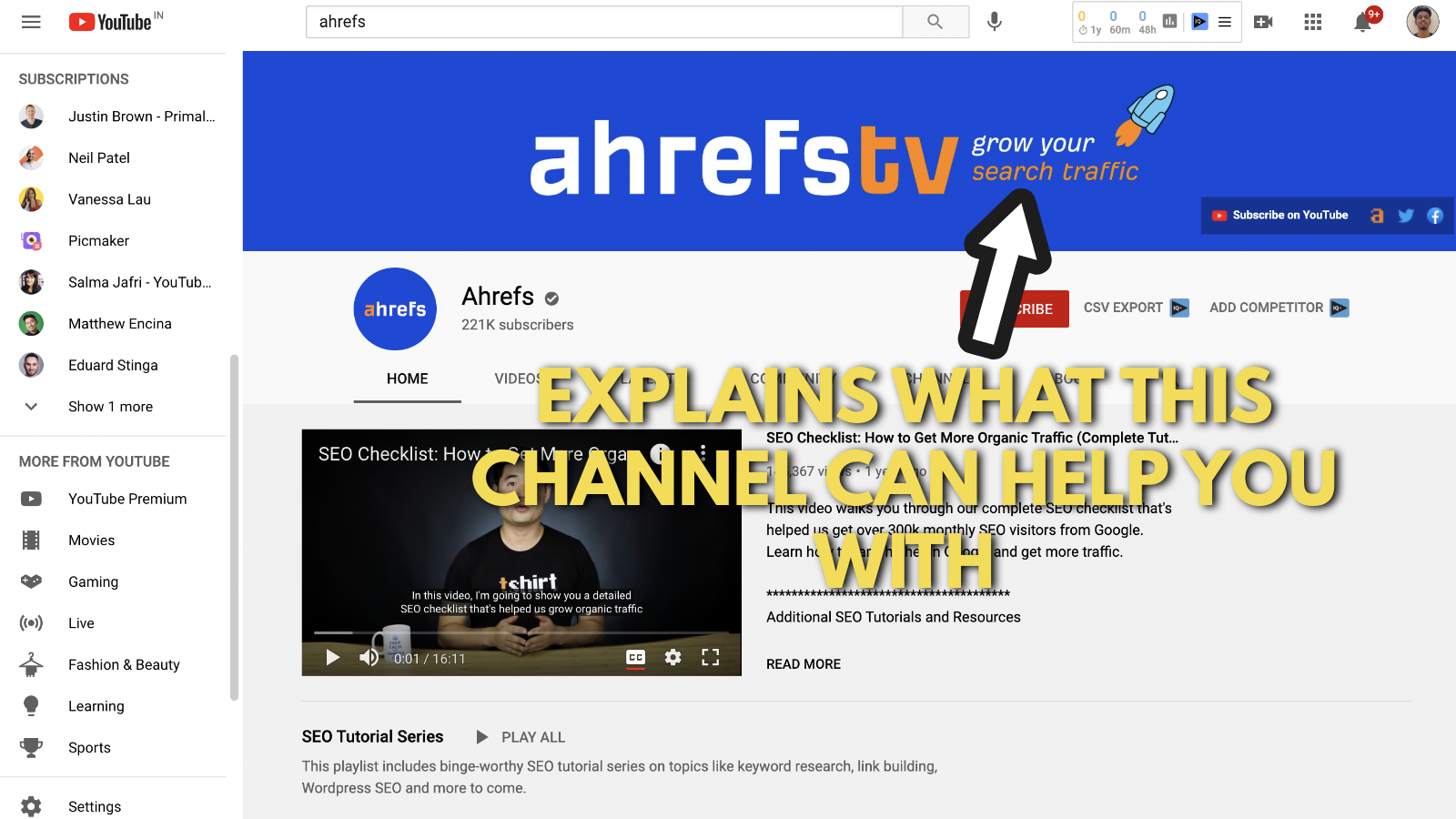 Screenshot of Ahrefs's youtube channel art example 4