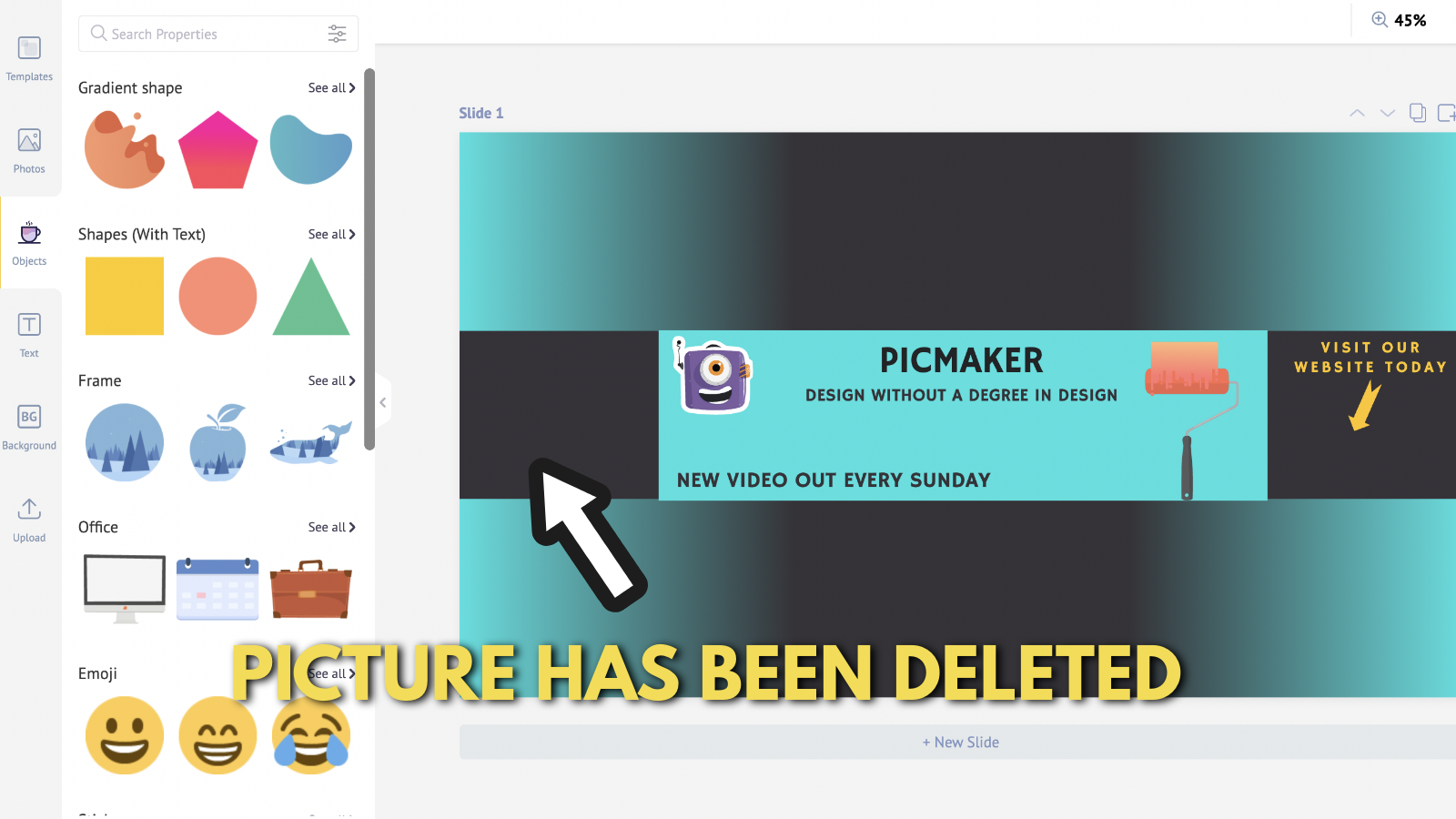 Screenshot of Picmaker's canvas after deleting the picture