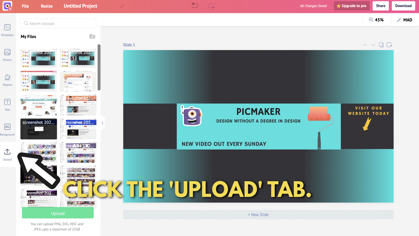 Screenshot of Picmaker's canvas after clicking on the 'Upload' tab.