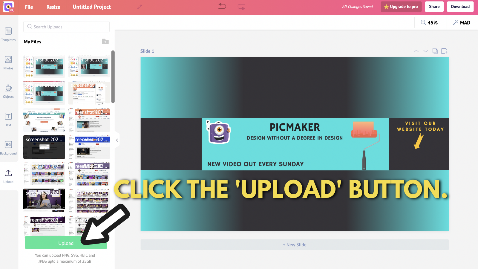 Screenshot of Picmaker's canvas after clicking on the 'upload' button