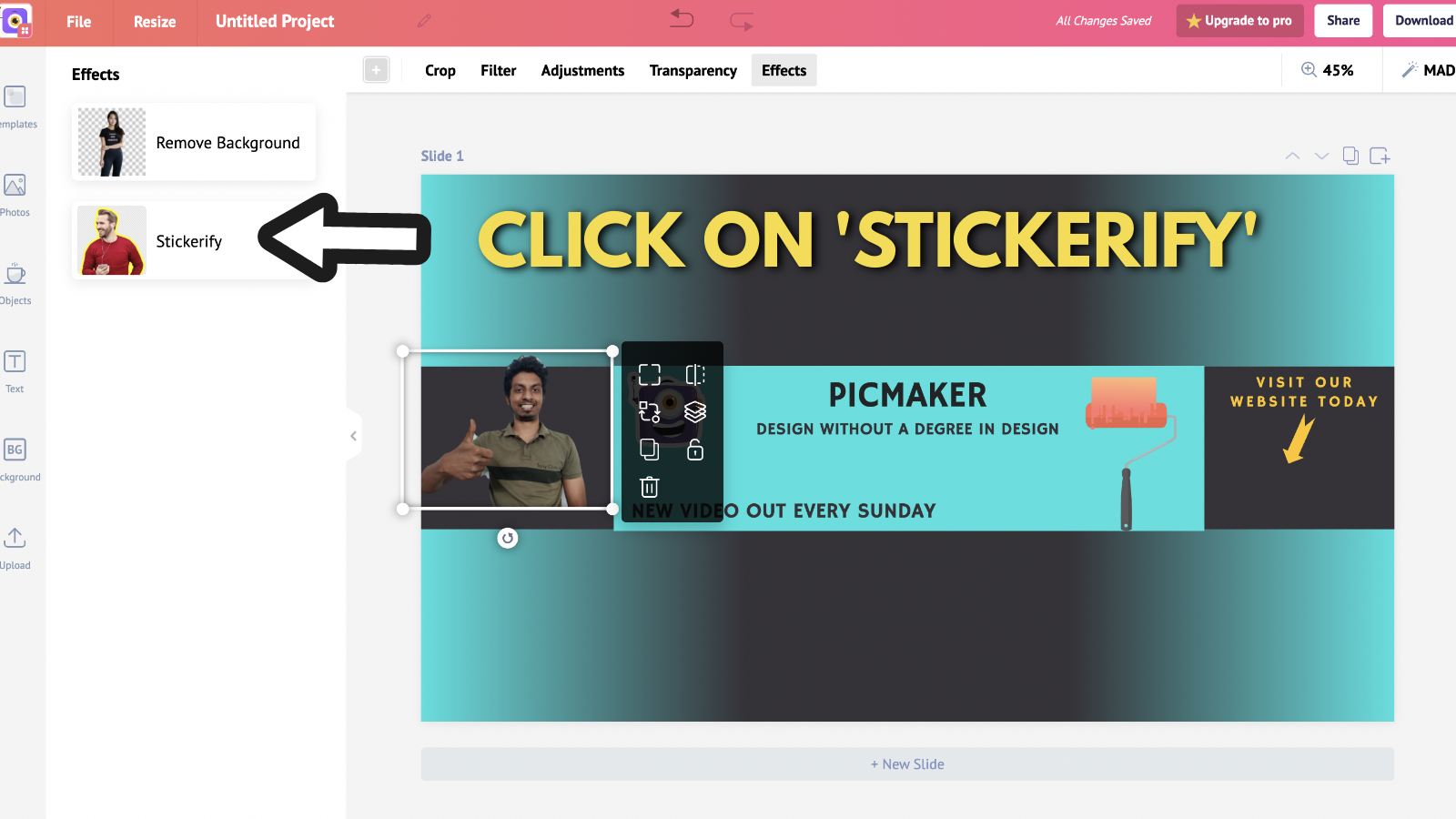 Screenshot of Picmaker's banner after clicking on the Stickerify tool