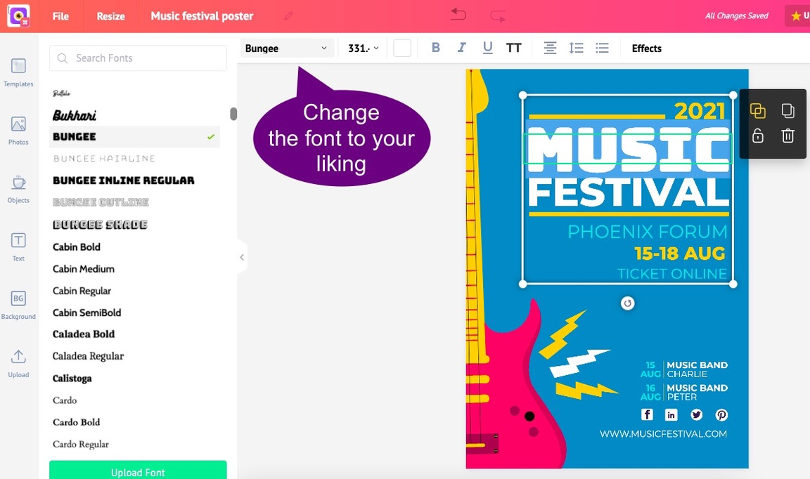 Picmaker lets you change your fonts in all poster templates