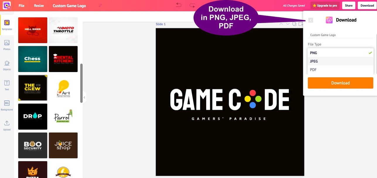 Download your gaming logo in PDF, JPEG or PNG formats with Picmaker