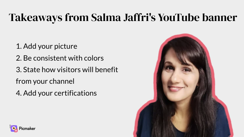 Salma Jaffri's YouTube banner example takeaways