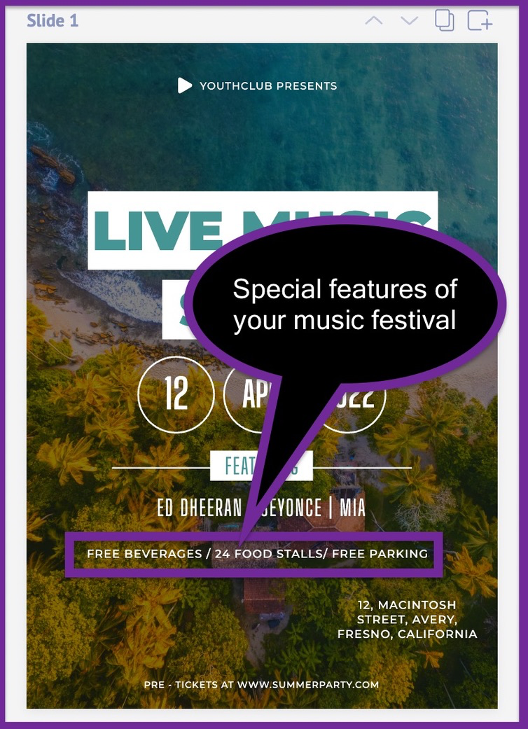 Screenshot of the advertising flyer after adding our assumed benefits of the music festival.