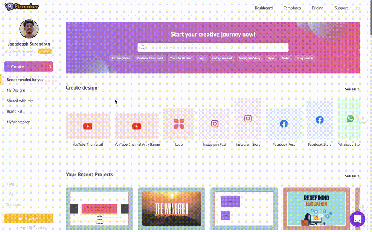 Picmaker's dashboard