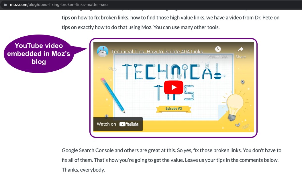 YouTube video in Moz's blog