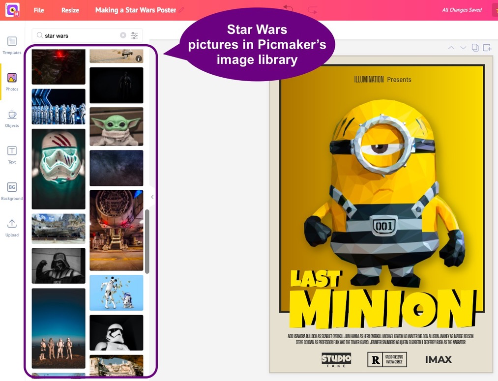 Star Wars pictures in Picmaker's workspace