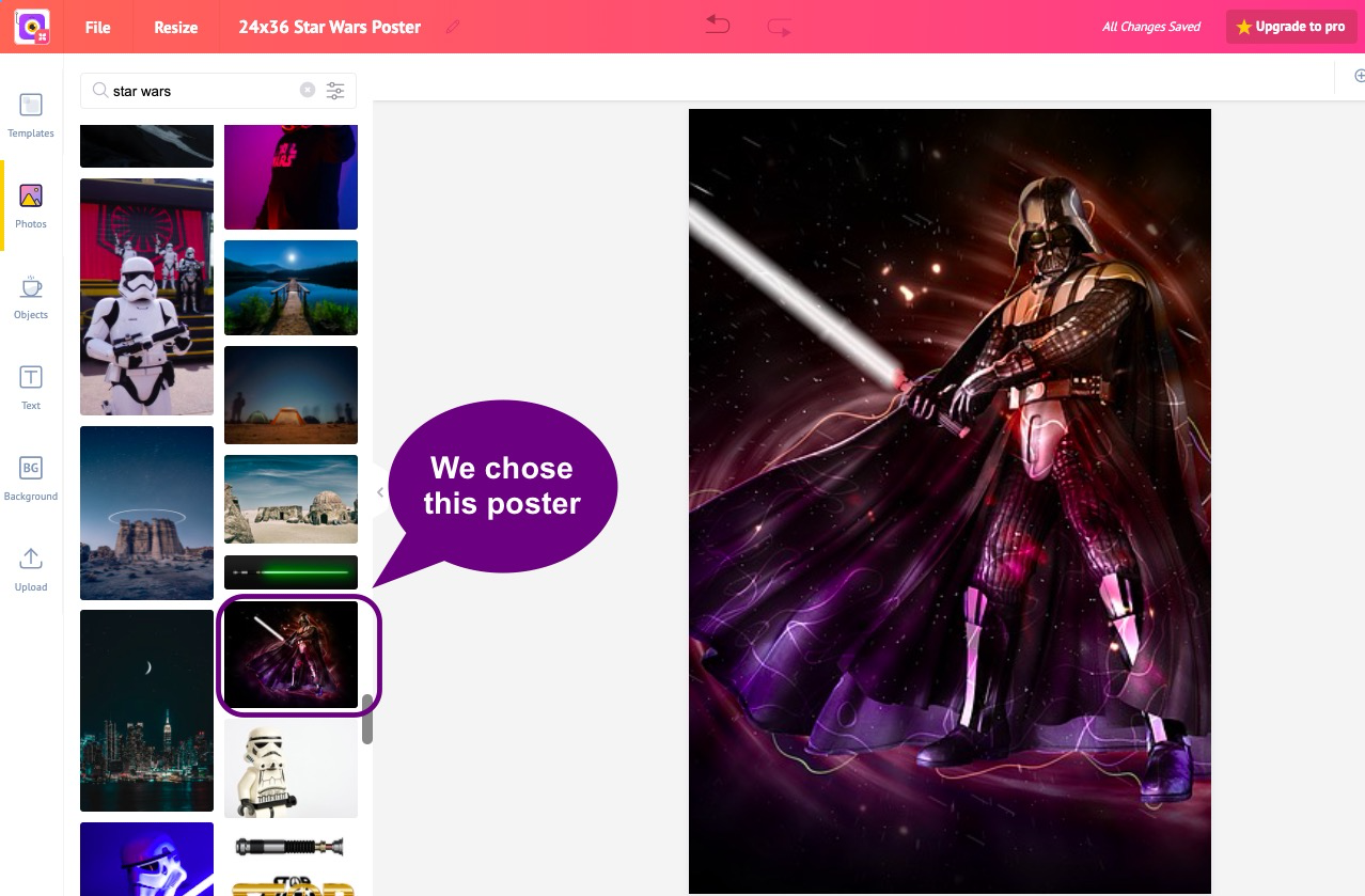 Choosing the right picture in your custom Star Wars poster in Picmaker