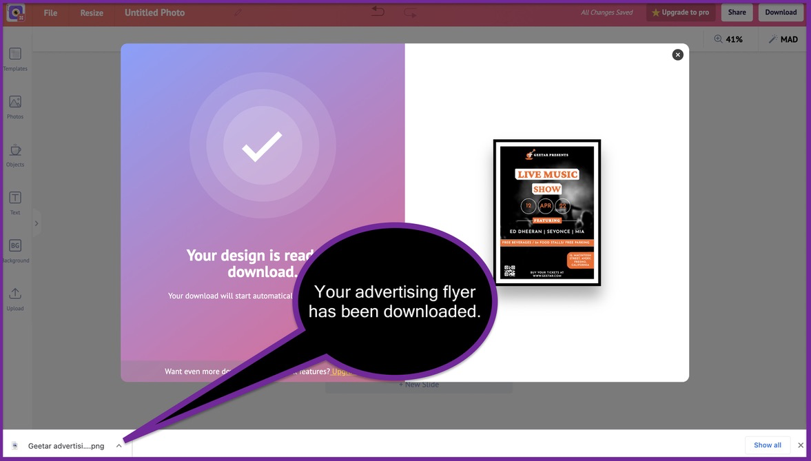 screenshot stating that your advertising flyer has been downloaded.