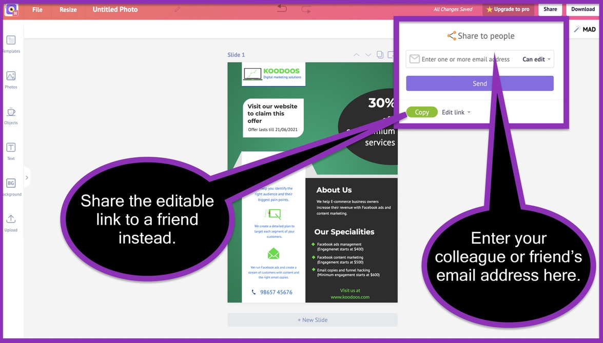 Screenshot that show how you can share your flyer with friends and peers.