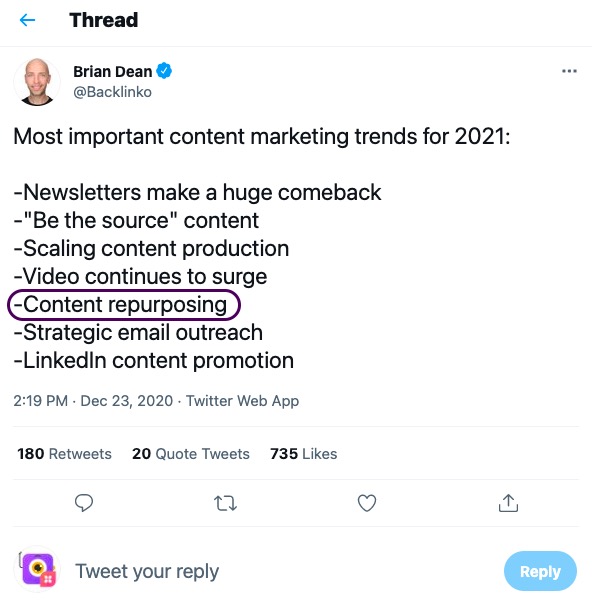 Brian Dean lists 'Content Repurposing' as a key item in his 2021 checklist