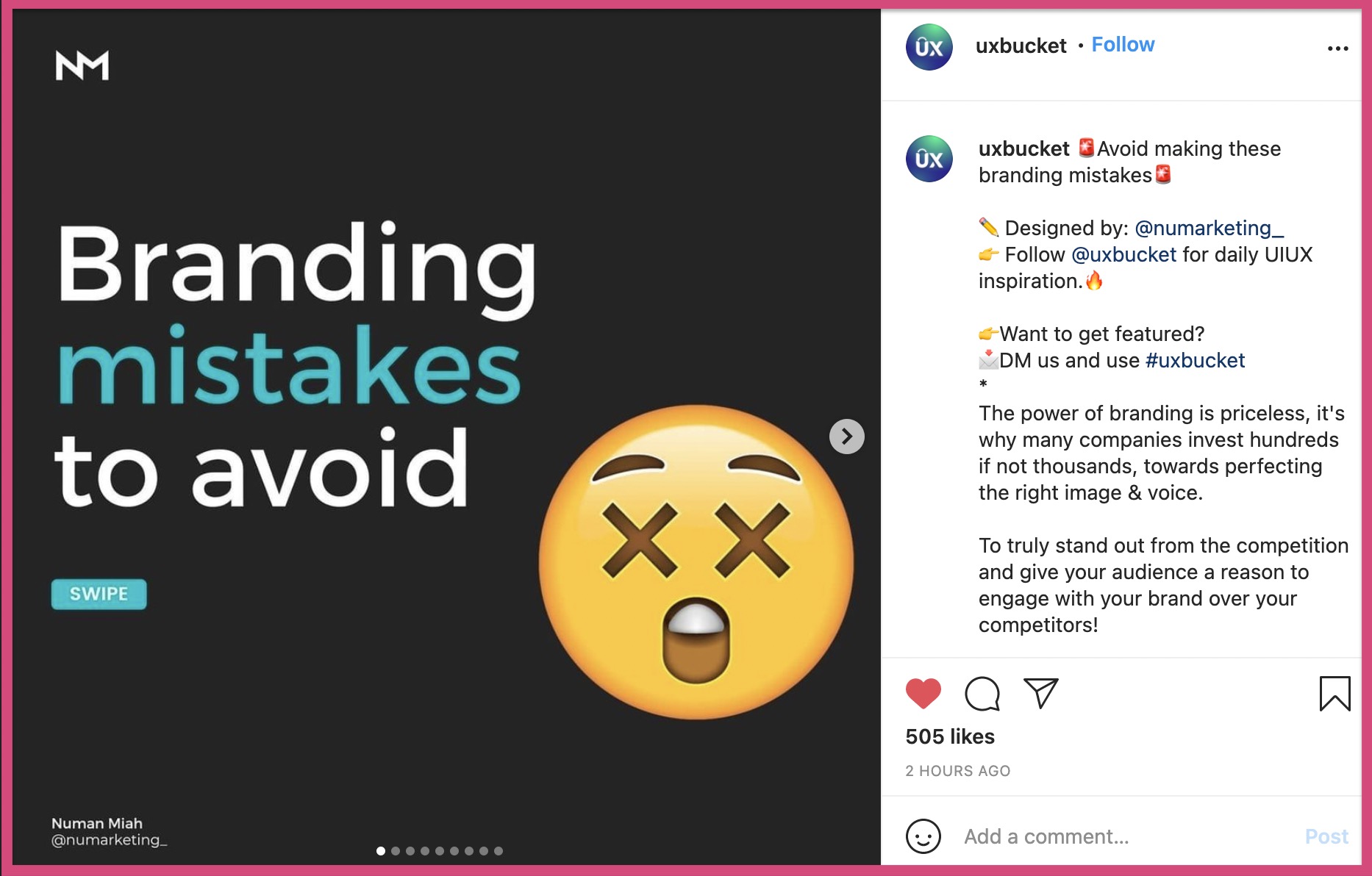 An Instagram carousel post that talks about branding mistakes to avoid
