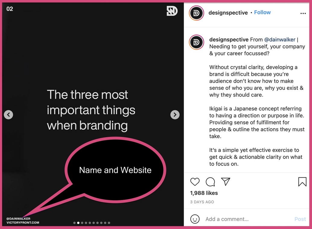 The name and website details are placed at the bottom left corner of the Instagram carousel post.