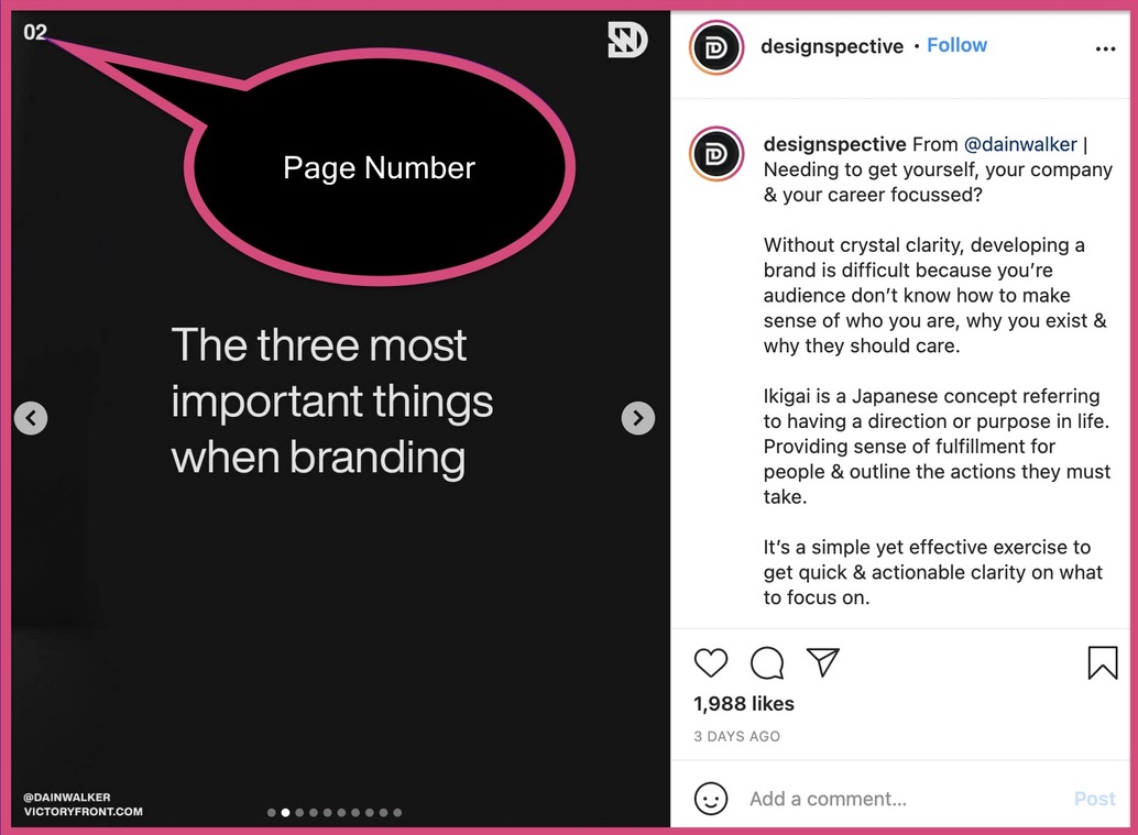 Notice the page number on the top-left of the Instagram carousel post