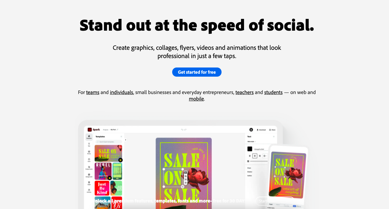 Adobe Spark's homepage layout