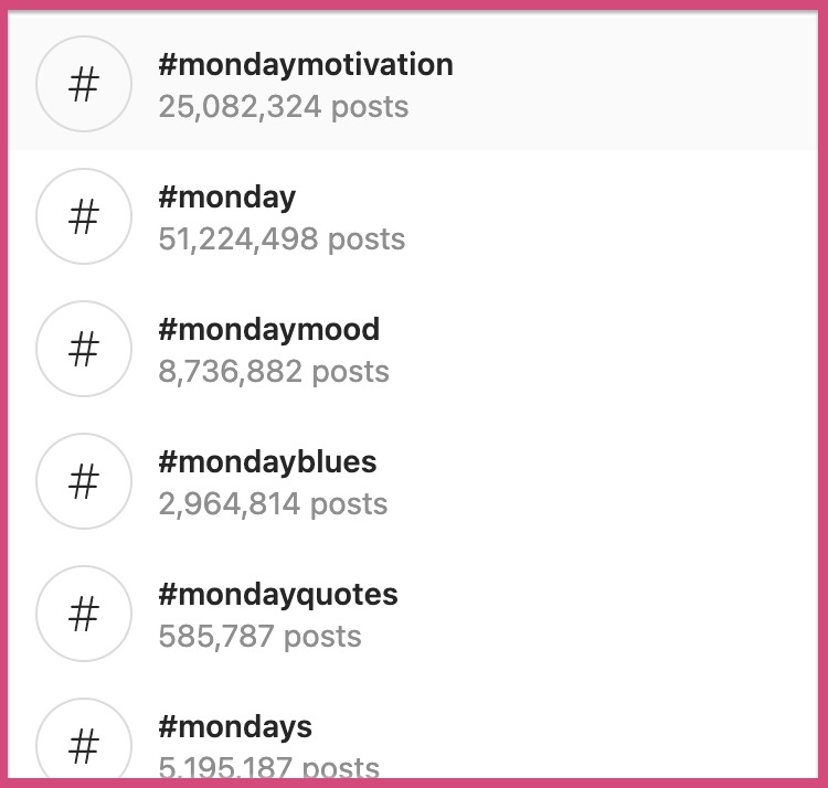 A small list of the hashtags for your Monday posts on Instagram.