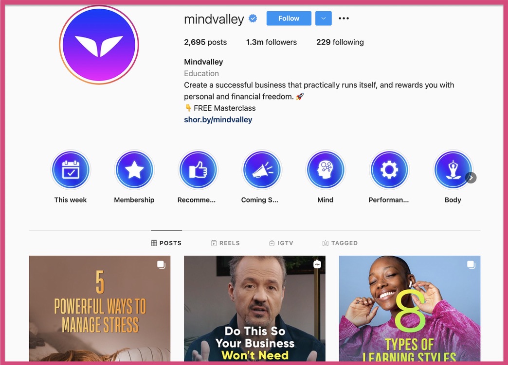 Here's an example of Mindvalley's public Instagram profile