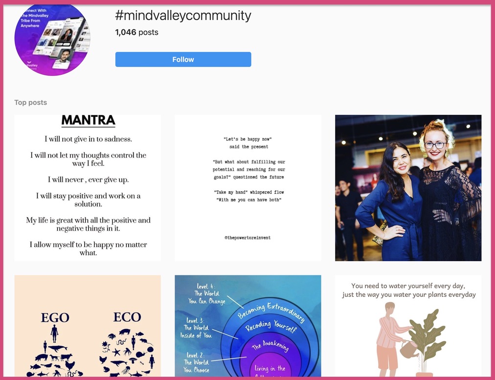 Results for the 'mindvalleycommunity' Instagram hashtag.