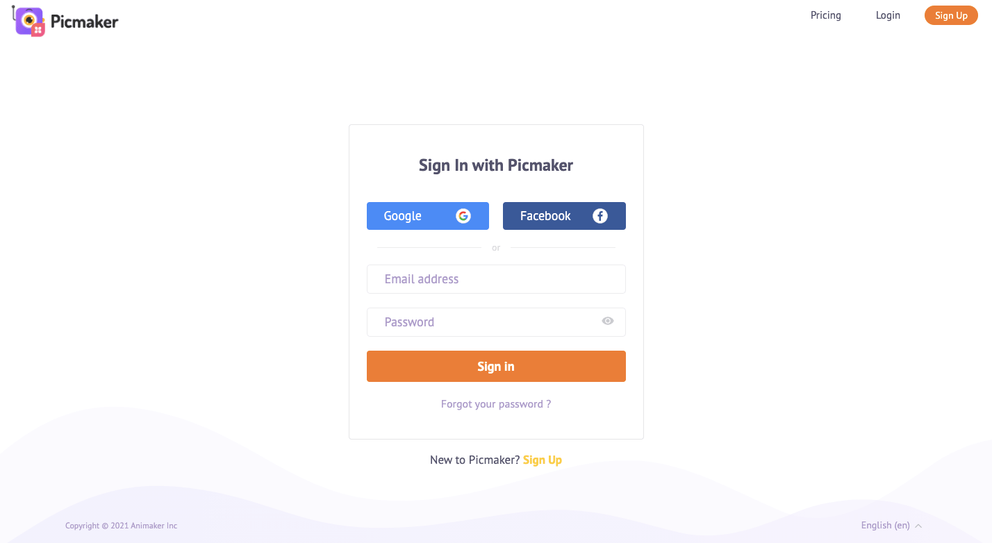 Picmaker's sign-in page