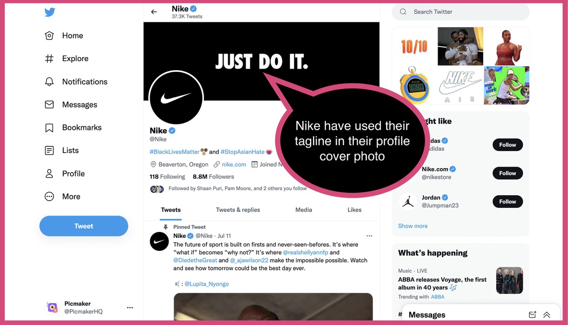 Nike's Twitter profile page