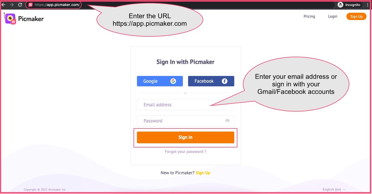 Picmaker's login page - sign up or sign in if you don't have an account