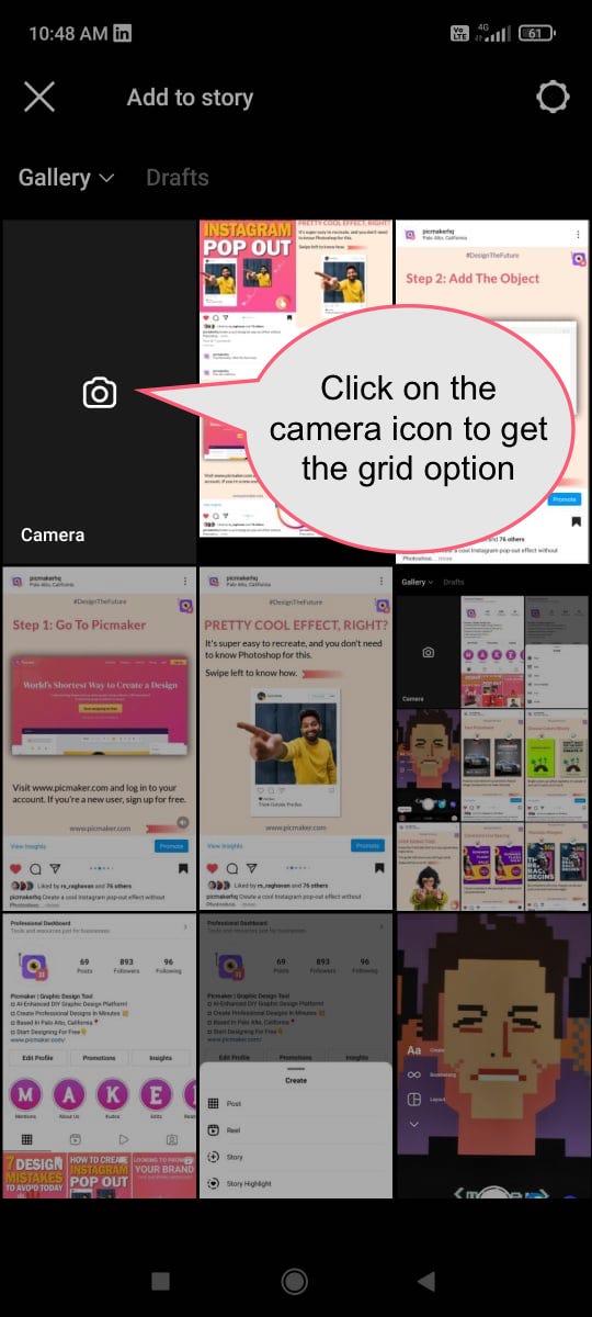 Click on the camera on the top-left to access Instagram's grids