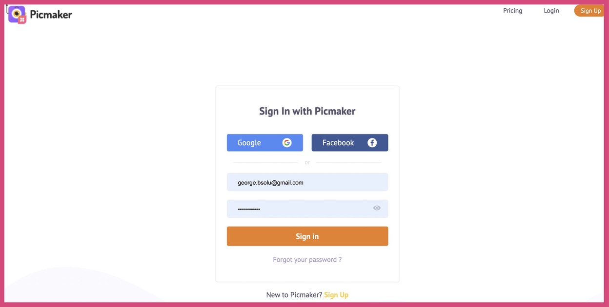 Picmaker login page