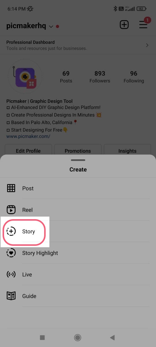 Click on '+' Story to start sharing a story on Instagram