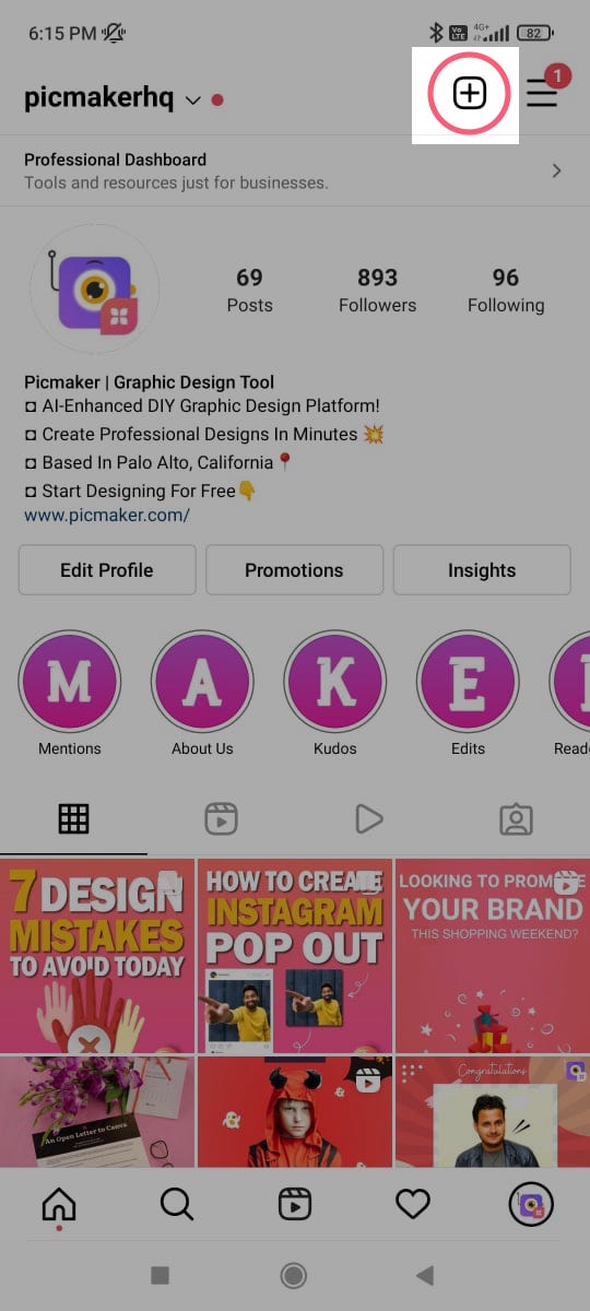 Click on '+' symbol to start sharing an Instagram Story - Picmaker