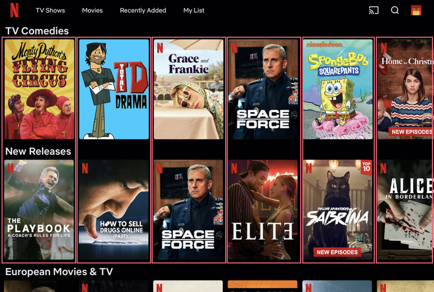 Netflix homepage with columnar grid design. Source: ResearchGate