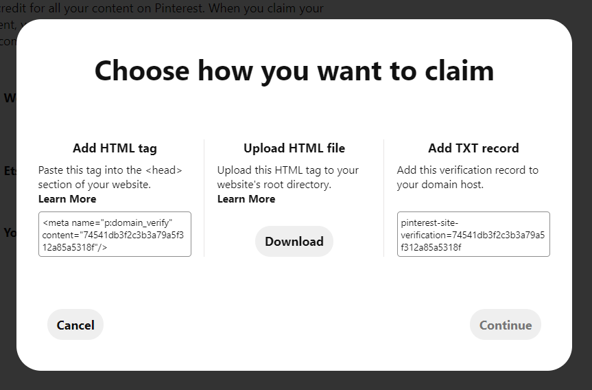 Pinterest claim HTML tag