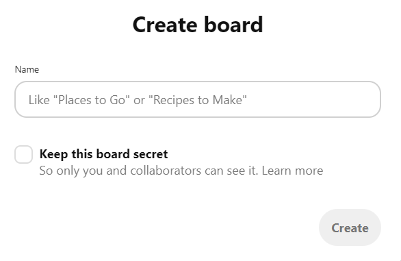 Pinterest create board page