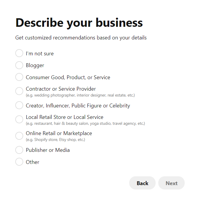 Pinterest business details recommendations page