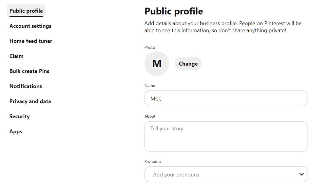 Pinterest public profile details page