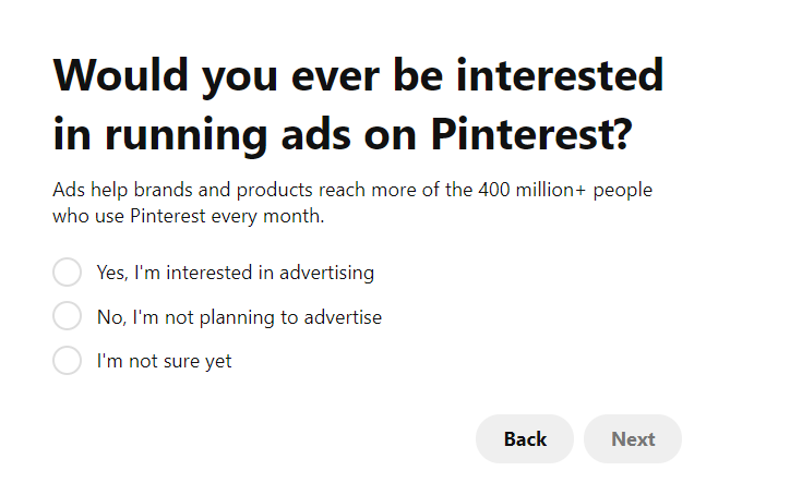 Pinterest ad interest page