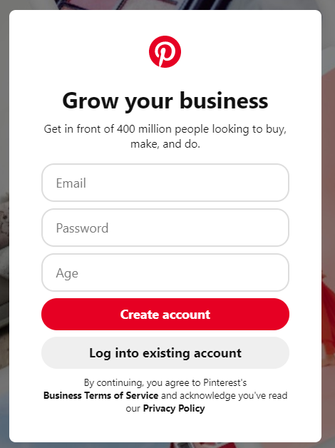 Pinterest "Create Account" fields