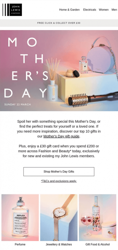 John Lewis Mother's Day gift newsletter